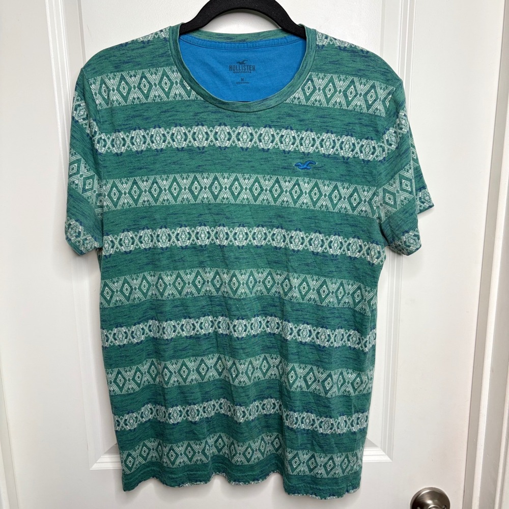 Hollister Green Space Dye Geometric Aztec Print Short Sleeve T-Shirt Mens Size M